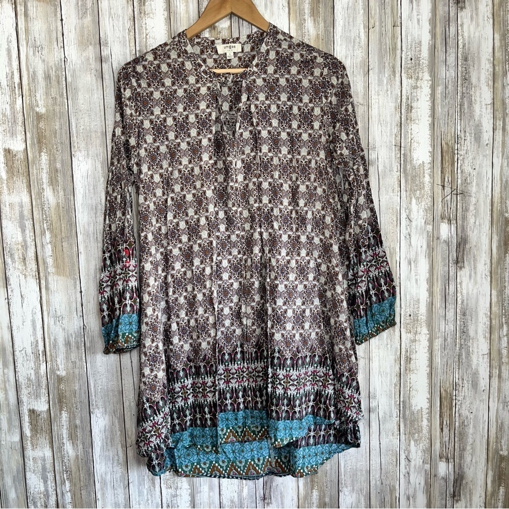 Umgee Boho Mixed Print Open Neck High Low Dress